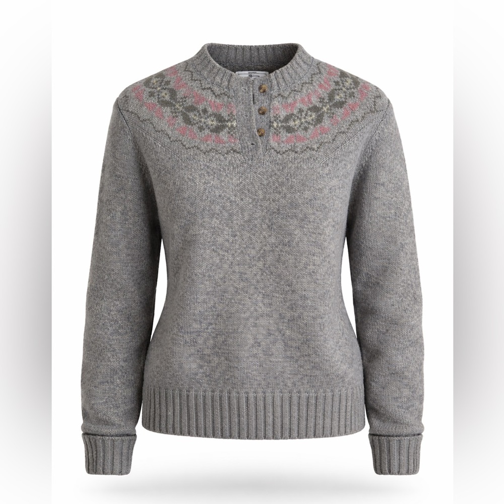 Woolrich Woman Gray Fair Isle Wool Henley Sweater Nordic Pullover L
